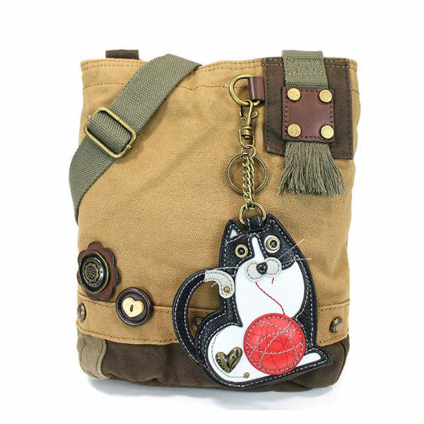 New Chala Handbag Patch Crossbody FAT CAT Bag Canvas gift School Travel Brown