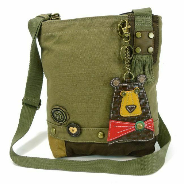  Chala Handbag Patch Crossbody BEAR Bag Canvas Olive Green w/ Coin Purse New 