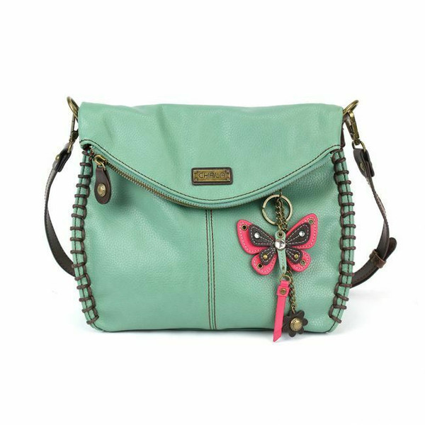 New Chala Charming Crossbody Bag Pleather Convertible Teal Green PINK BUTTERFLY