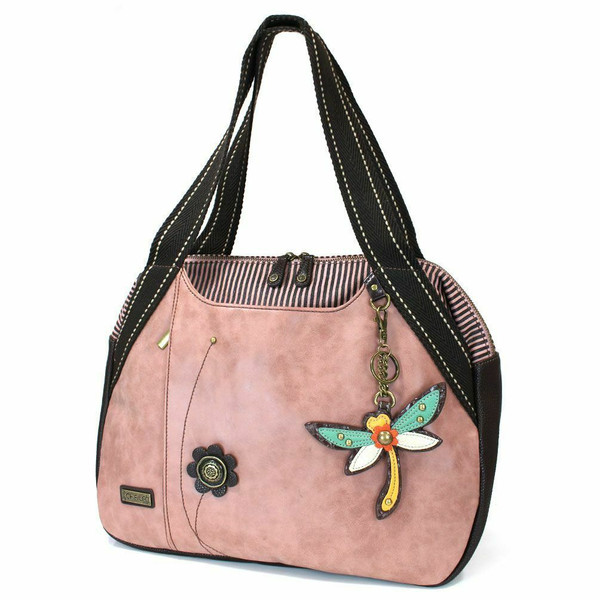 New Chala Bowling Tote Large Shoulder Bag Rose Pink Pleather DRAGONFLY Purse