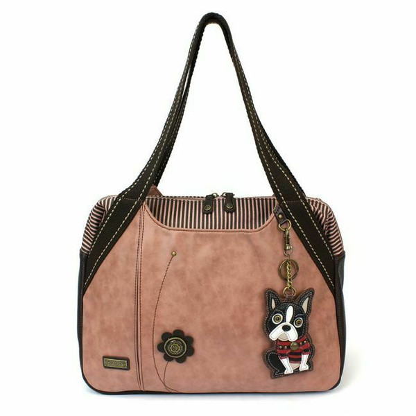 New Chala Bowling Zip Tote Large Bag Rose Pink Pleather gift BOSTON TERRIER Dog