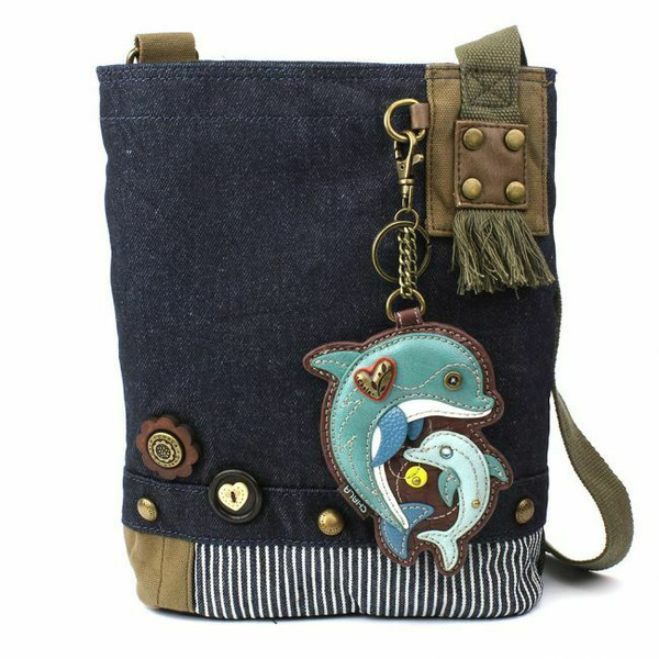 New Chala Patch Crossbody Messenger Denim Navy Blue Bag gift DOLPHIN Coin Purse