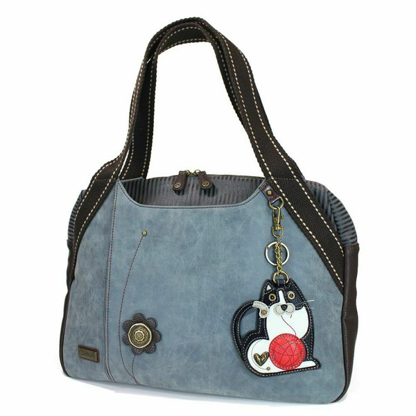  Chala Bowling Zip Tote Large Bag Pleather Stone Indigo Blue FAT CAT Coin Purse