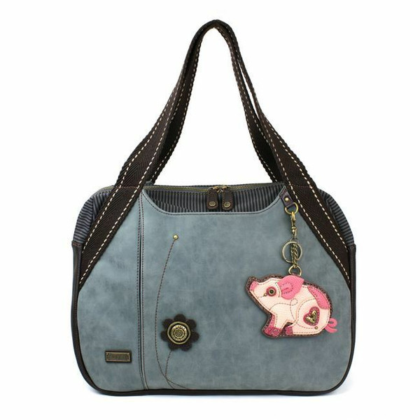 Chala Handbag Bowling Zip Tote Large Bag Indigo Blue Pleather Pig Coin Purse