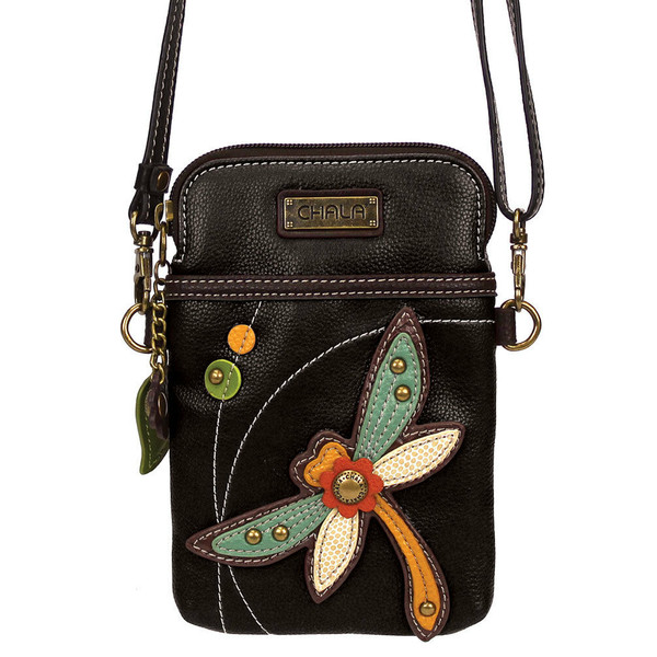 New Chala Cell Phone Purse Crossbody Pleather Convertible DRAGONFLY Black gift