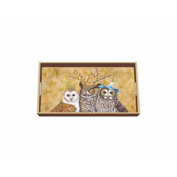 PPD  Wood Lacquer Vanity Serving Tray Art Vicki Sawyer 12 x 7" OWL FAMILY gift