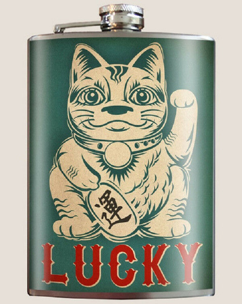 New Trixie & Milo Flask LUCKY CAT  8 Oz  Stainless SteelUSA Made gift Pirate