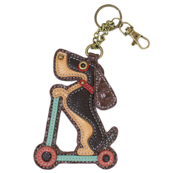 New Chala Purse Bag Charm Clip On Key Ring Fob WIENER DACHSHUND w/ Scooter gift