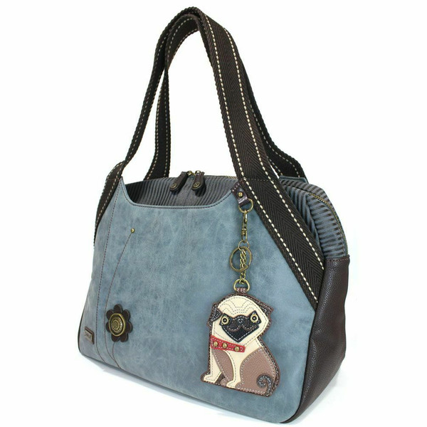 New Chala Bowling Tote Shoulder Large Bag Indigo Blue Pleather PUG Purse Dog