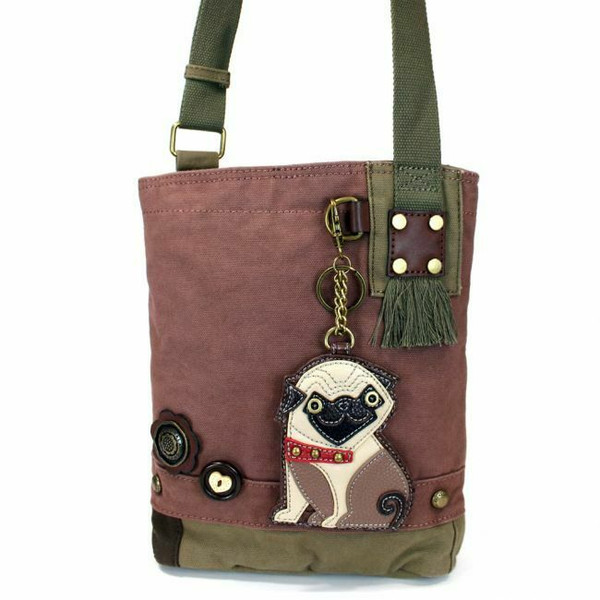 New Chala Patch Crossbody Messenger  Bag Canvas gift Mauve Purple Violet Dog PUG