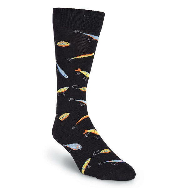 K.Bell Men's 1 pair Crew Socks Shoe Size 6.5-12 Fun Novelty FISHING LURES Black