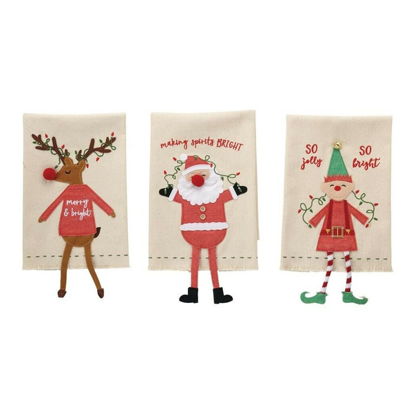 New Set 3 Mud Pie Holiday CHRISTMAS CHARACTER DANGLE LEG TOWELS Santa Elf Deer