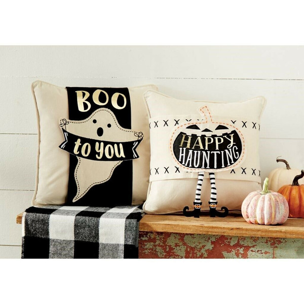 New Set 2 Mud Pie Halloween Fall Holiday Canvas Pillow Wraps GHOST PUMPKIN Black