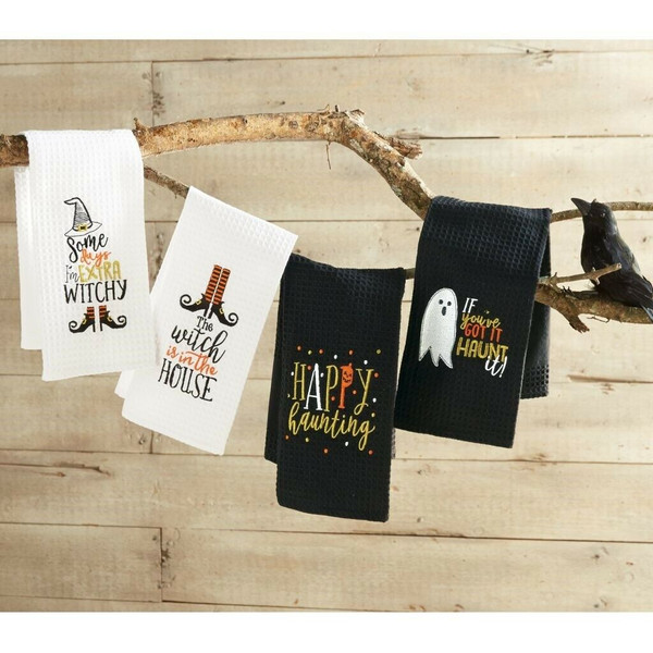 New Set of 4 Mud Pie Halloween WAFFLE Towels GHOST & WITCH White Black Decor