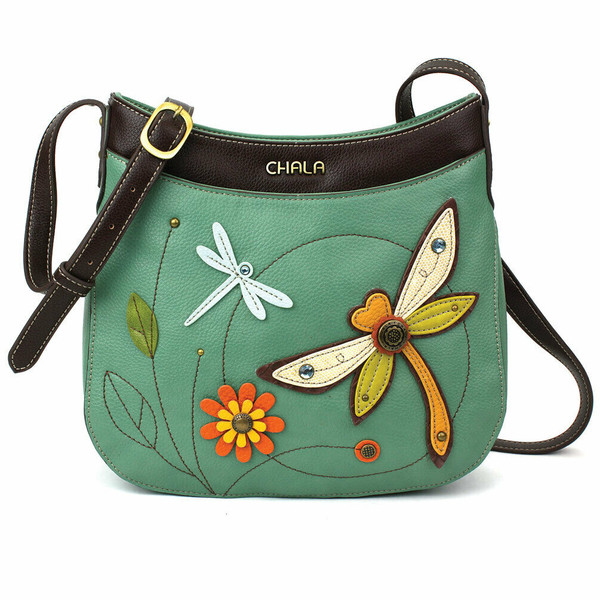 New Chala Messenger Crescent Crossbody Purse Bag Pleather DRAGONFLY Teal Green