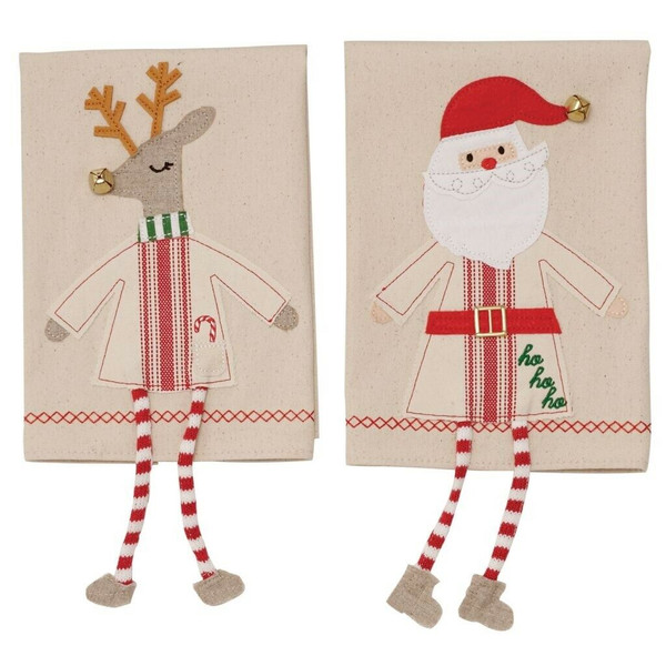 New Set of 2 Mud Pie Christmas Holiday DANGLE LEGS Towels Linen Beige Santa Deer