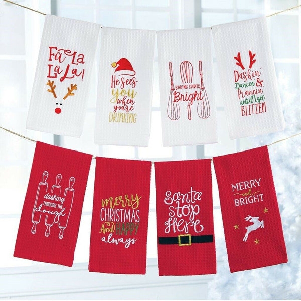 New Set of 8 Mud Pie Holiday CHRISTMAS WAFFLE TOWELS White Red Baking Fun gift 