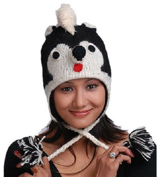 New Animal Face Hat Black White SKUNK Wool Beanie Winter Ski Cap ADULT Warm Gift