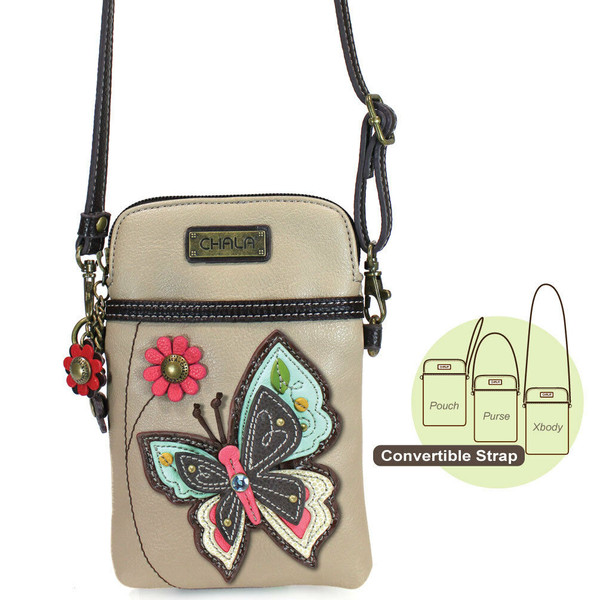 New Chala Cell Phone Purse Crossbody Vegan Leather Converts BUTTERFLY Ivory Gift