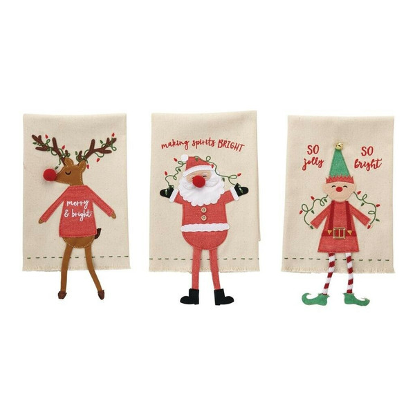 New Set 3 Mud Pie Holiday CHRISTMAS CHARACTER DANGLE LEG TOWELS Decor Red gift