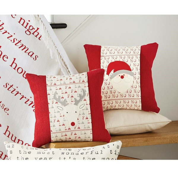 New Set 2 Mud Pie Holiday Pillow Wraps CHRISTMAS SENTIMENTS Santa Deer Beige