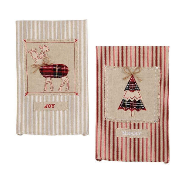 New Set of 2 Mud Pie Christmas Holiday Ticking Stripe Towels Tree & Reindeer Red