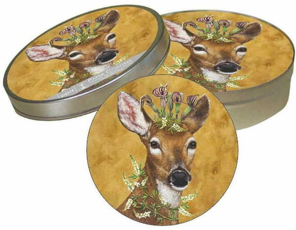 New PPD Vicki Sawyer Pulpboard 12 Coasters Tin Case WOODLAND PRINCESS Deer gift