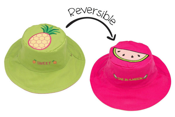 New FlapJack Kids Reversible Hat UPF 50+ Med 2-4 yrs PINEAPPLE WATERMELON Pink