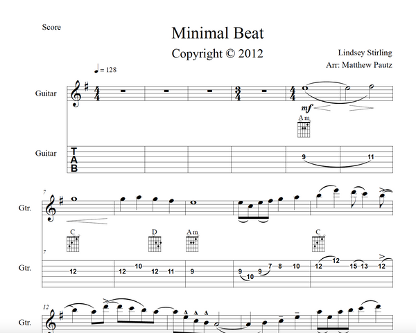 GUITAR Minimal Beat Sheet Music w/ KARAOKE