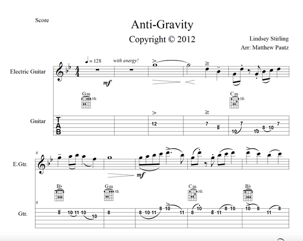 GUITAR Anti Gravity Sheet Music w/ KARAOKE