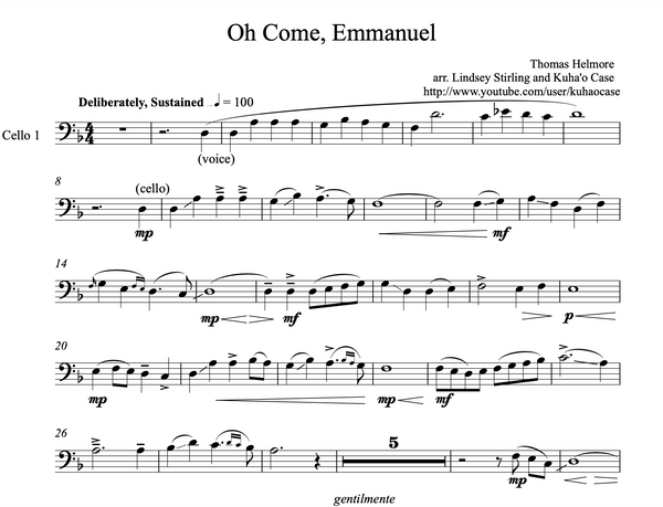 CELLO O Come Emmanuel Sheet Music w/ ORIGINAL Backtracks