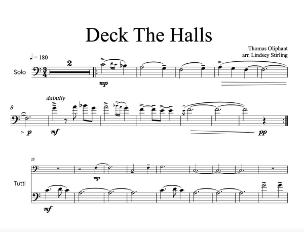 CELLO Deck the Halls Sheet Music w/KARAOKE