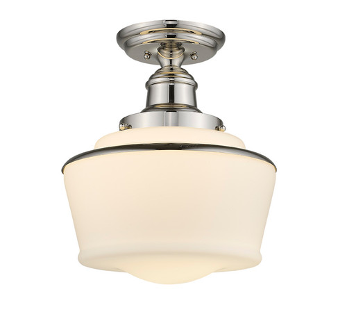A photo of the Schoolhouse 1-Light Polished Nickel Semi Flush Mount 12" By Mirage Lighting