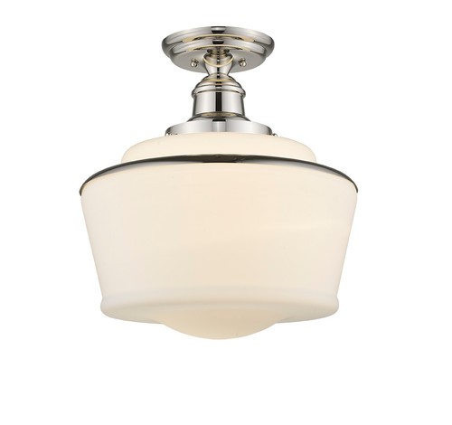 A photo of the Schoolhouse 1-Light Polished Nickel Semi Flush Mount 15" By Mirage Lighting
