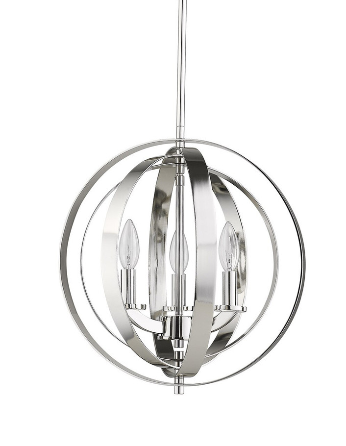 A photo of the Pellet 3-Light Polished Nickel Globe Chandelier By Mirage Lighting