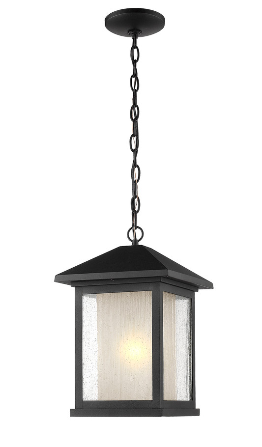 A photo of the Valeri Black Outdoor Hanging Lantern By Mirage Lighting