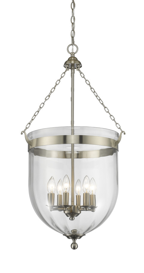 A photo of the Castle 6-Light Brushed Nickel Pendant By Mirage Lighting
