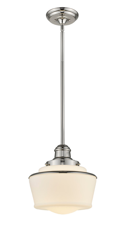 A photo of the Schoolhouse 1-Light Polished Nickel Mini Pendant 12" By Mirage Lighting