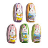 Highly detailed , bite sized solid milk chocolate bunnies wrapped in colorful foils