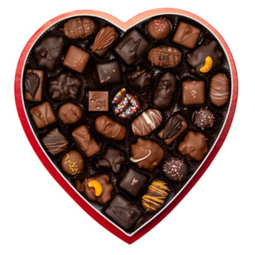 Red Satin Embossed Heart Box Filled with
 2 Pounds of Premise Maid's Best Sellers