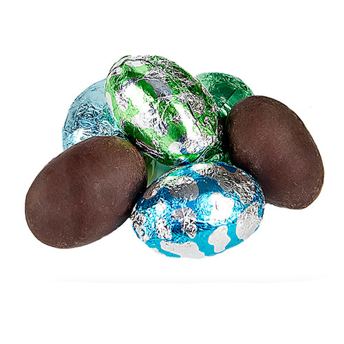 bite size solid premium dark chocolate Easter eggs wrapped in gleaming foils