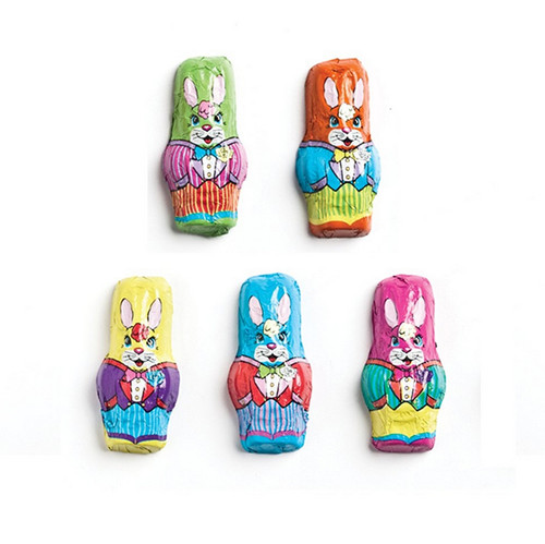 Solid milk chocolate foil wrapped standing rabbits