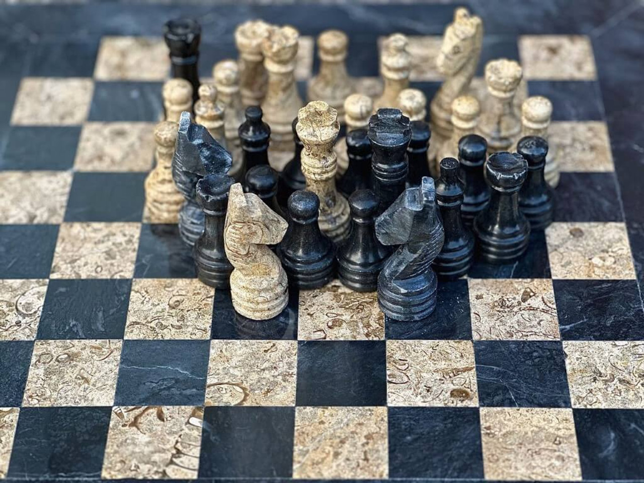 15 Inches Marble Chess Set - Black Onyx and Fossil Stone with Storage