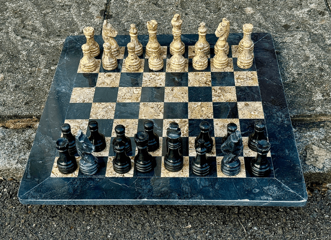 Black Onyx and Fossil Marble Chess Set 15 Inches with Storage – view 4