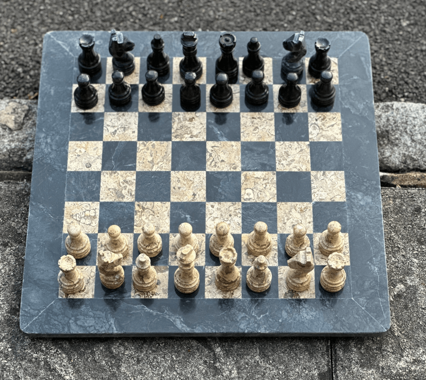 Black Onyx and Fossil Marble Chess Set 15 Inches with Storage