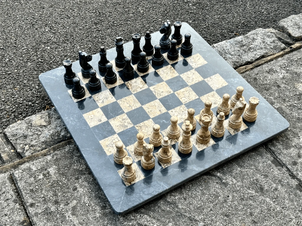 Black Onyx and Fossil Marble Chess Set 15 Inches with Storage – view 7