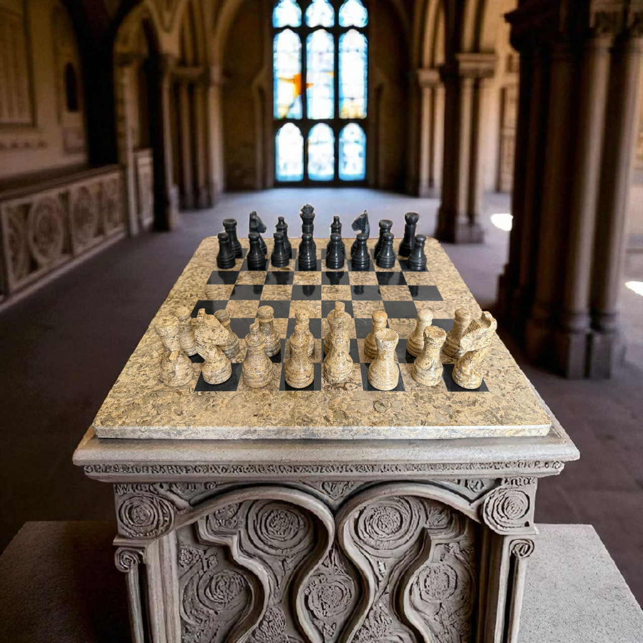 Fossil and Black Marble Chess Set 15 Inches with Storage – view 4