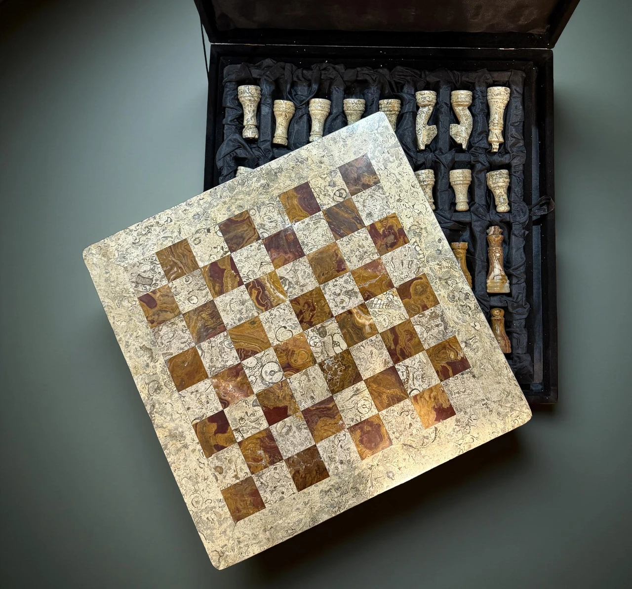 Fossil and Brown Marble Chess Set 15 Inches with Storage