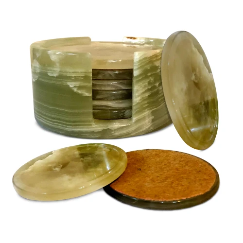 Green Onyx Tea Coasters with Holder - Set of 6