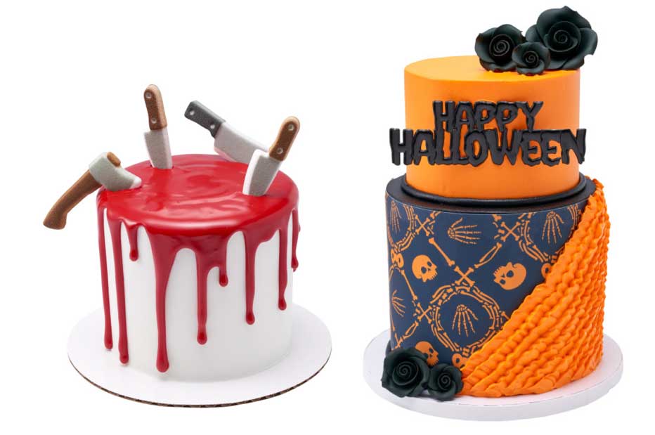 halloween cakes with edible decorations including gothic pressed sugar black roses and sugar knives, cleavers and hatchets